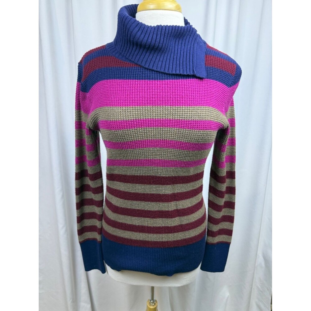 Eddie Bauer Striped Cowl Neck Sweater - Navy, Fuchsia, Brown, & Burgundy, Small